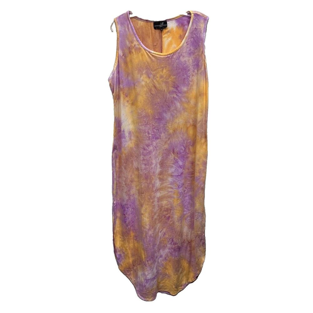 Lexington Lavenue Women 1X Sleeveless Orange Pink Tie Dye Dress Maxi Pullover